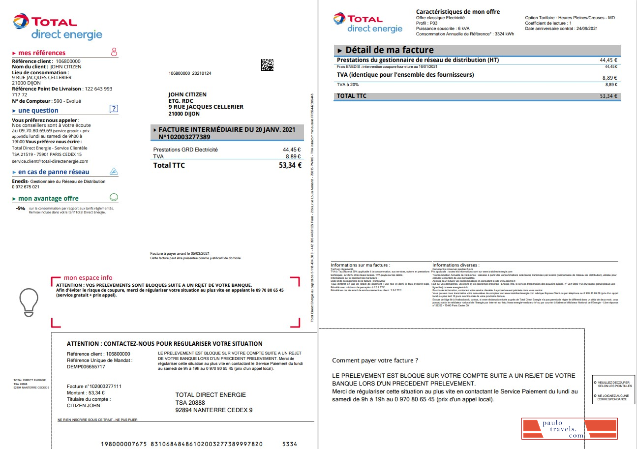 France Total Direct Energie utility bill